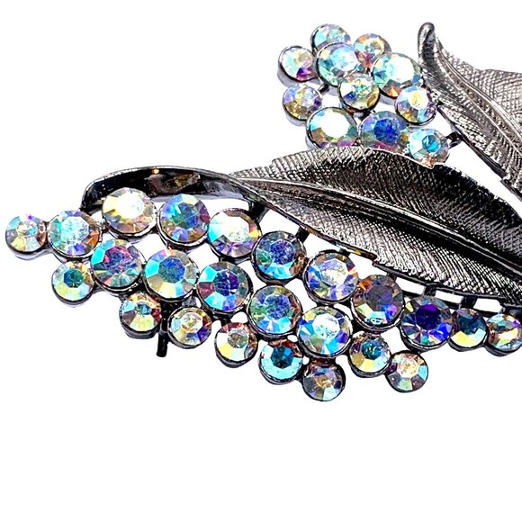 Vintage Alfred Sung Gray Tone Floral Brooch With Aurora Borealis Rhinestones - Picture 3 of 7
